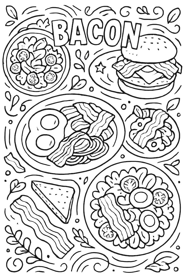 Coloring page featuring an assortment of dishes showcasing bacon including salads, burgers, breakfast plates, and more