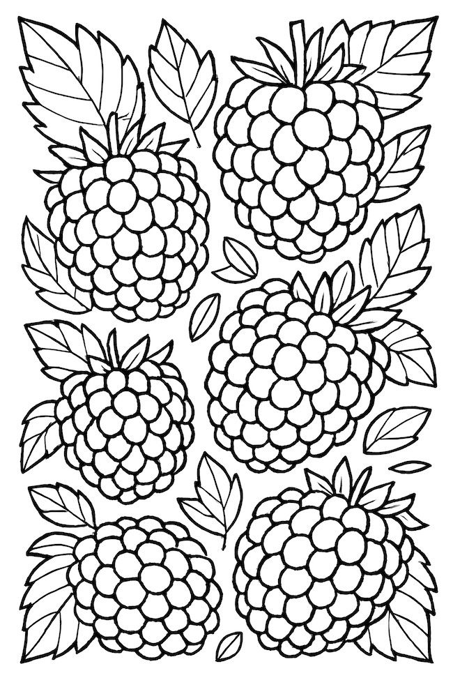 Coloring page of various blackberry shapes and sizes surrounded by leaves