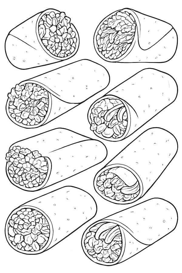 Coloring page featuring a collection of burritos with different fillings including beans, cheese, and vegetables