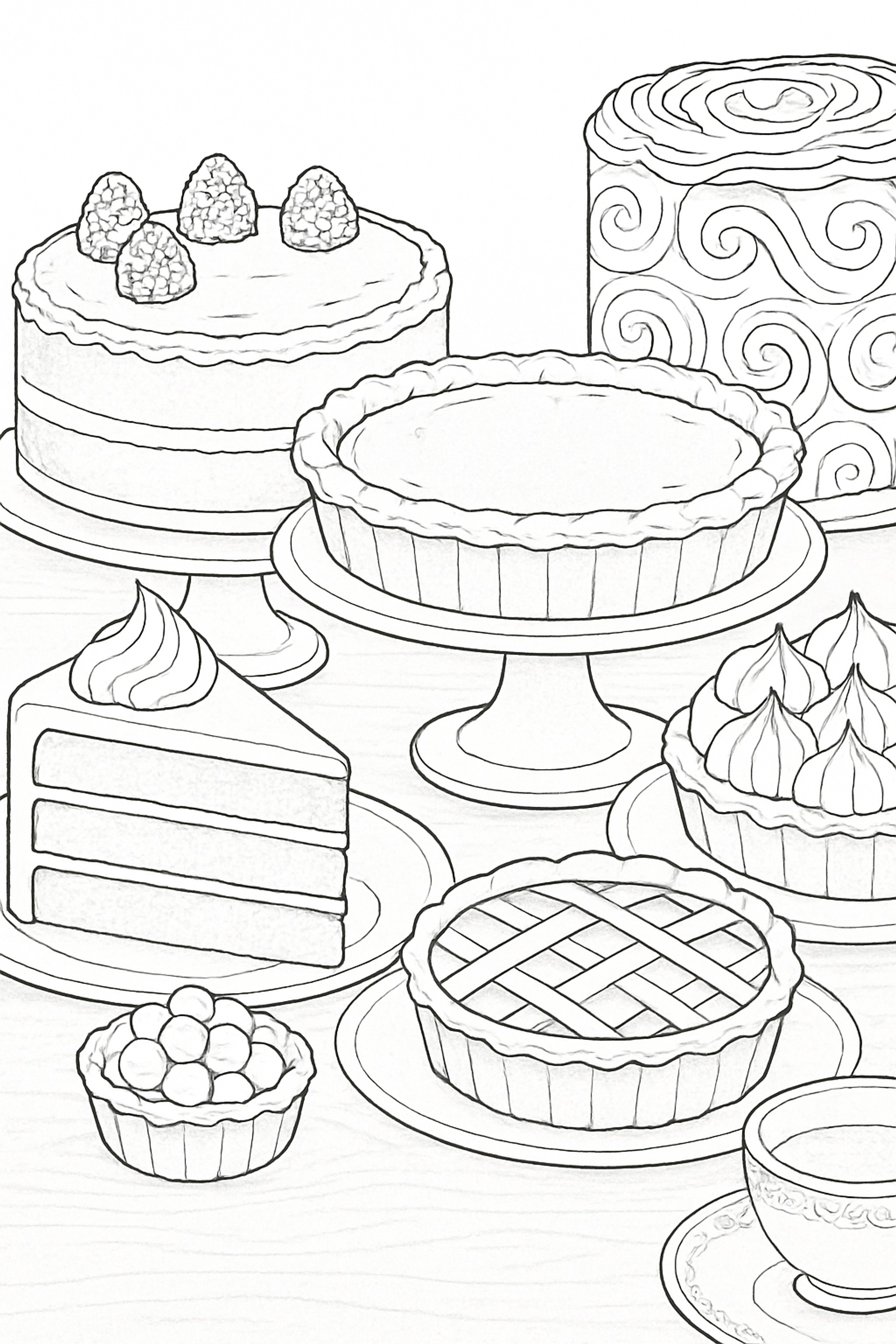 Coloring page featuring a dessert table with various cakes, tarts, and pies, including a layered cake, a fruit pie, and cream-topped desserts
