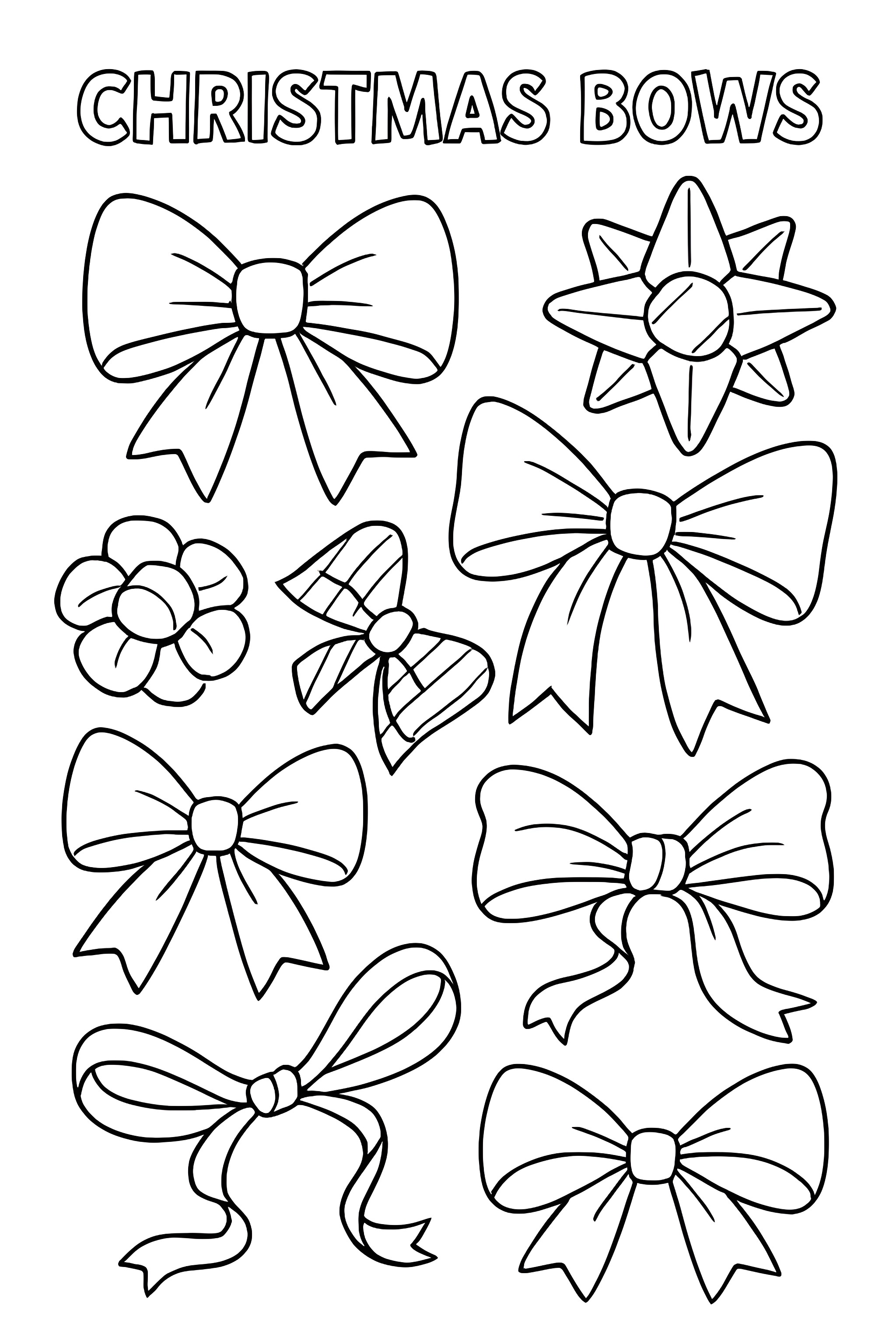Coloring page of various types of Christmas bows including stars and patterned designs
