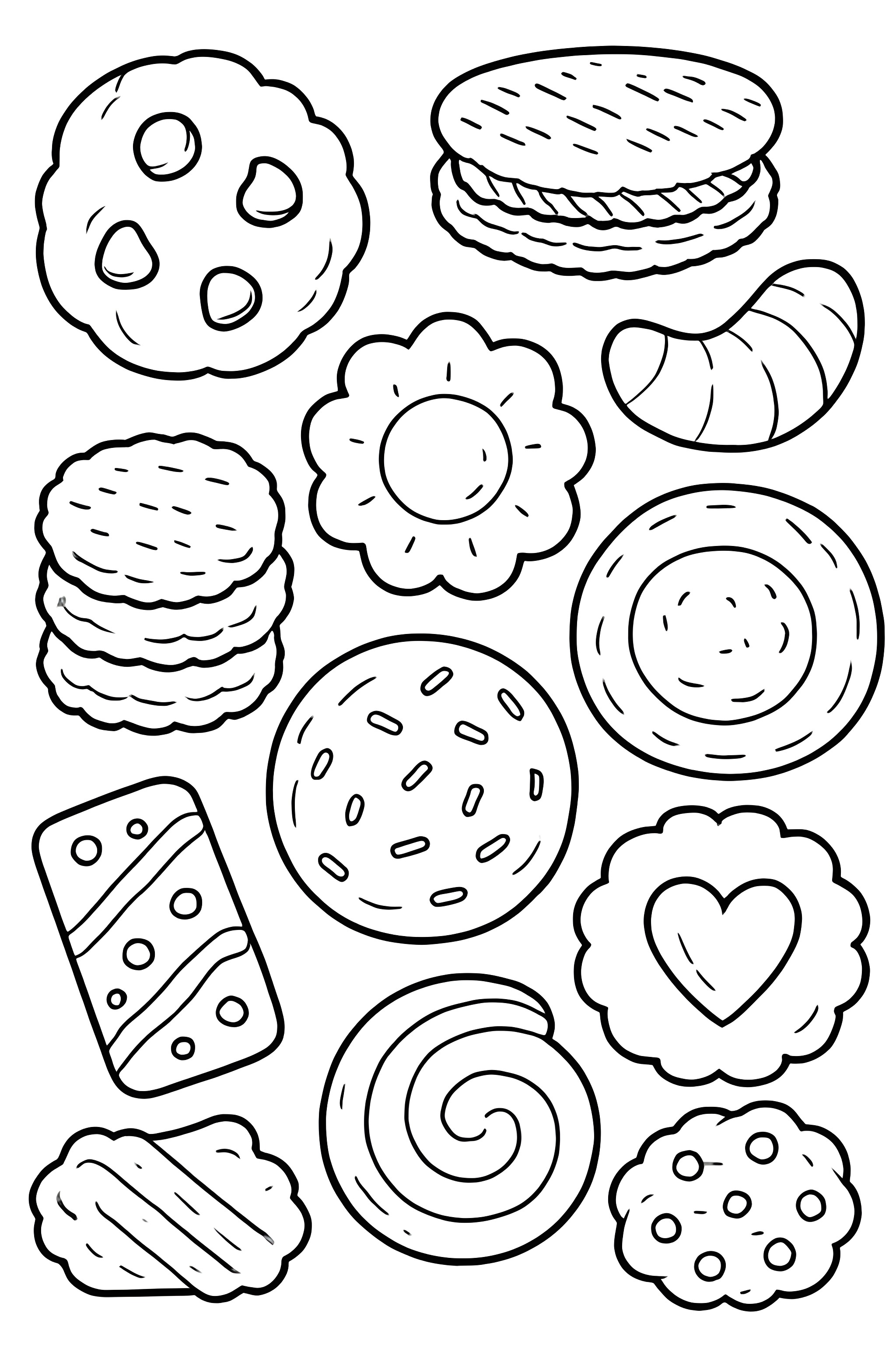 Coloring page featuring a diverse assortment of classic cookie shapes including rounds, hearts, and floral designs