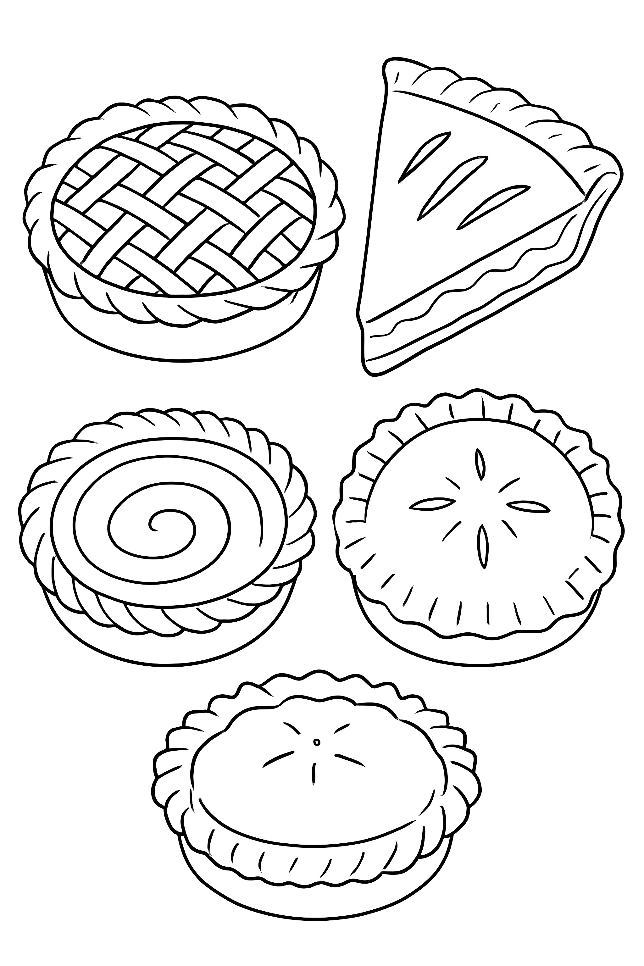 Coloring page depicting five different types of pies, including a woven lattice pie, a triangular slice, a swirled pie, and two rounded pies with different tops