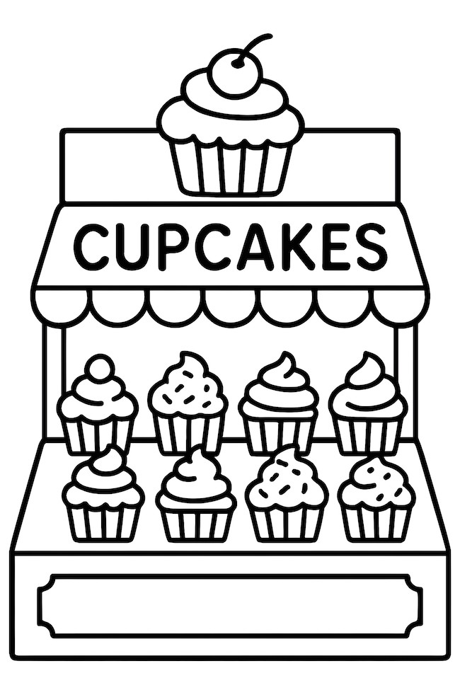 Coloring page of a cupcake shop counter displaying a variety of decorated cupcakes