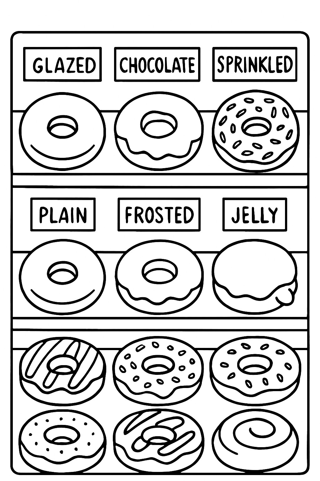 Coloring page featuring a variety of donuts including glazed, chocolate, sprinkled, plain, frosted, and jelly in different designs