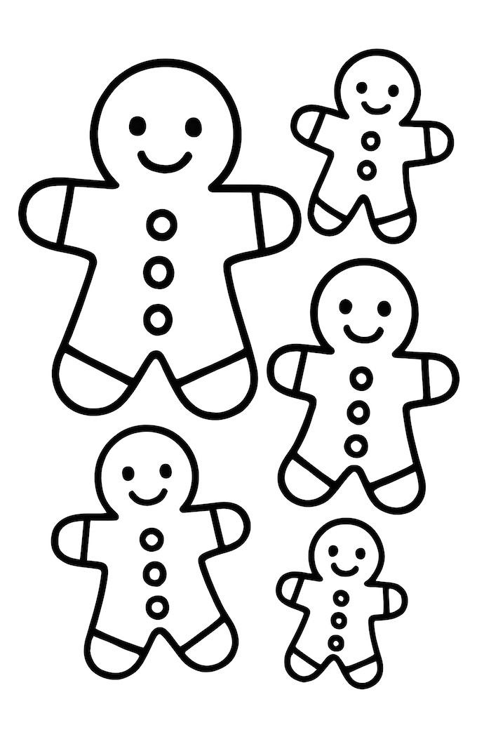 Coloring page featuring a collection of gingerbread men in varying sizes with smiley faces and buttons