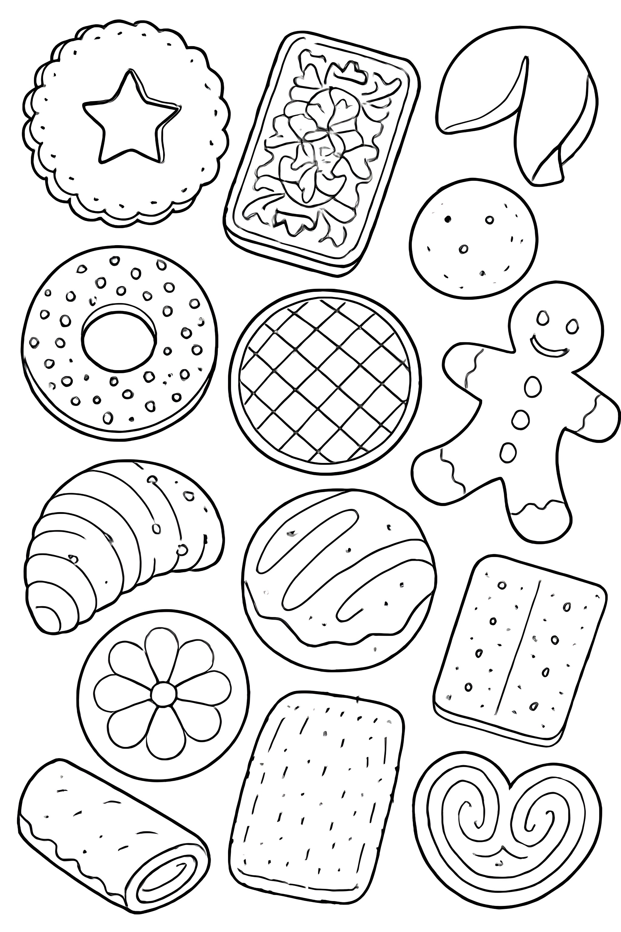 Coloring page depicting a collection of assorted cookies including a gingerbread man, fortune cookie, and doughnuts