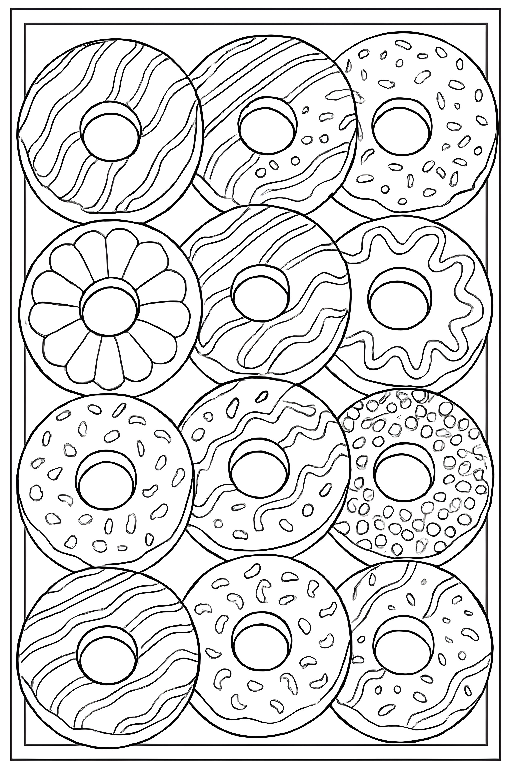 Coloring page featuring a variety of gourmet donuts with assorted toppings and patterns arranged in a grid within a border