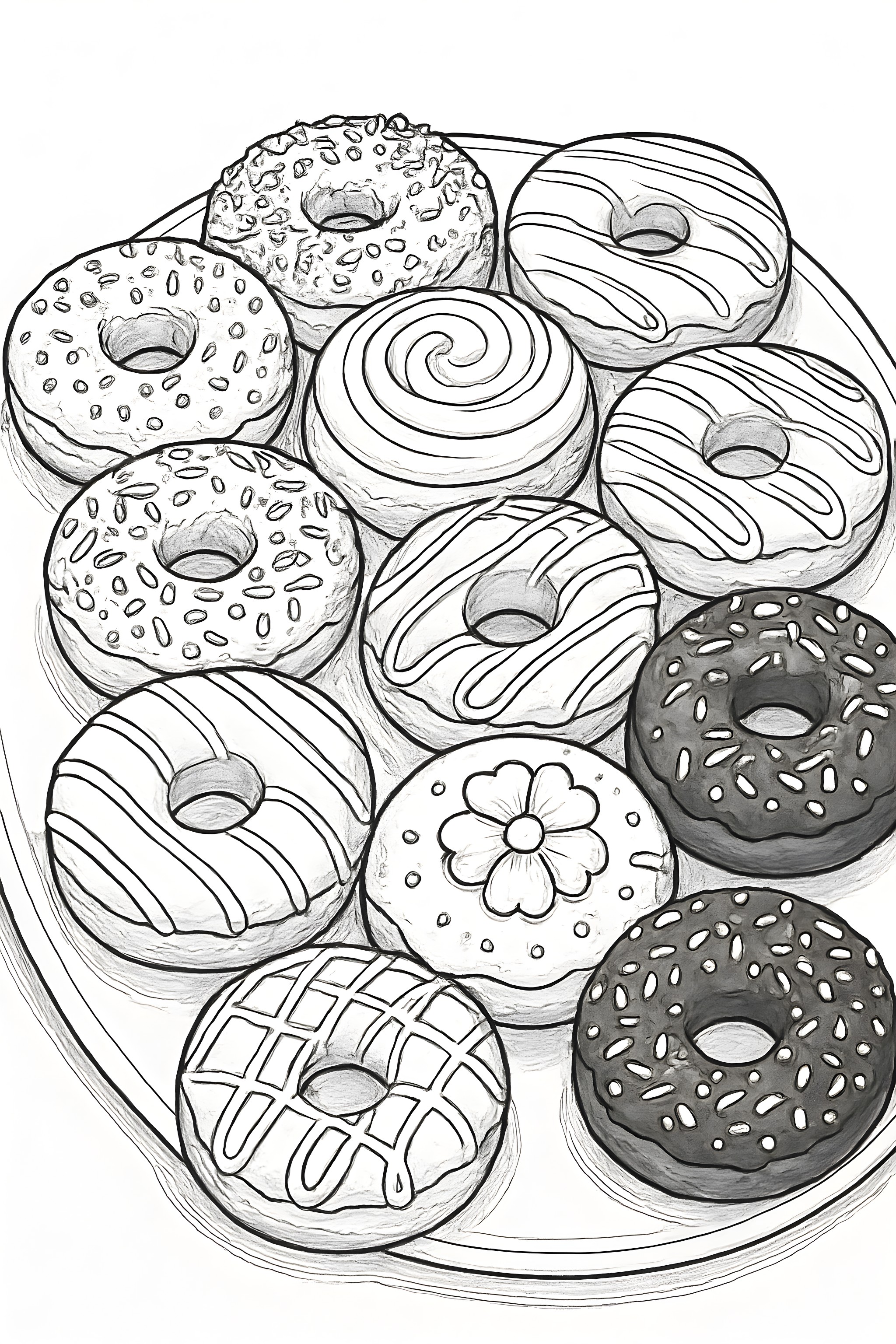 Coloring page featuring a platter of assorted gourmet donuts with varying toppings and designs