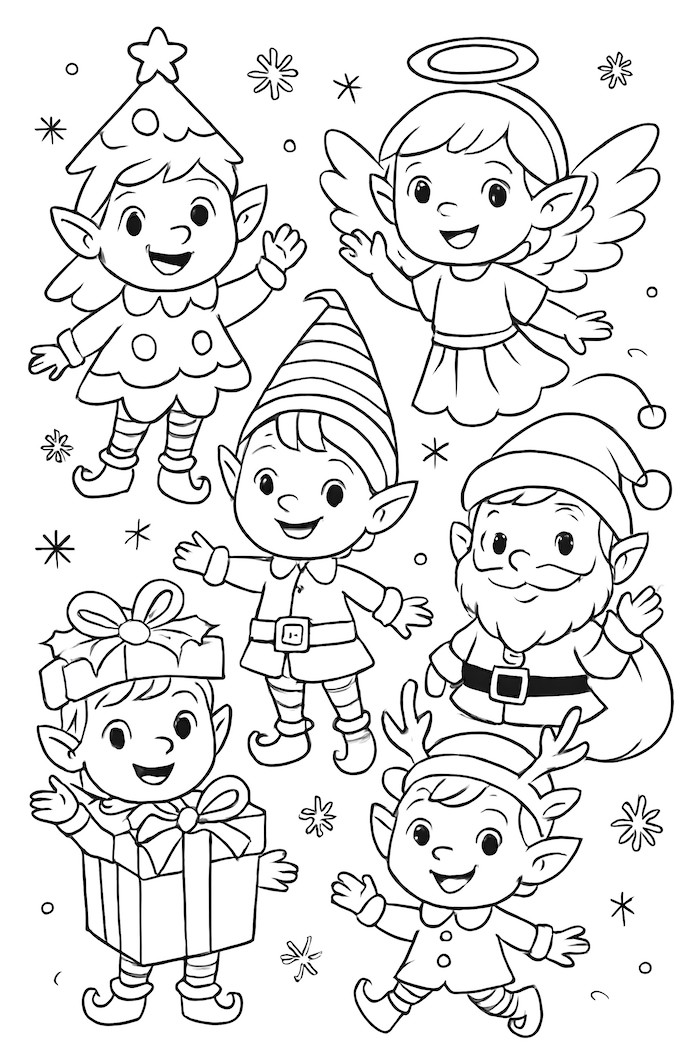 Coloring page featuring an assortment of holiday elves in various costumes including an angel, Santa, and a gift box