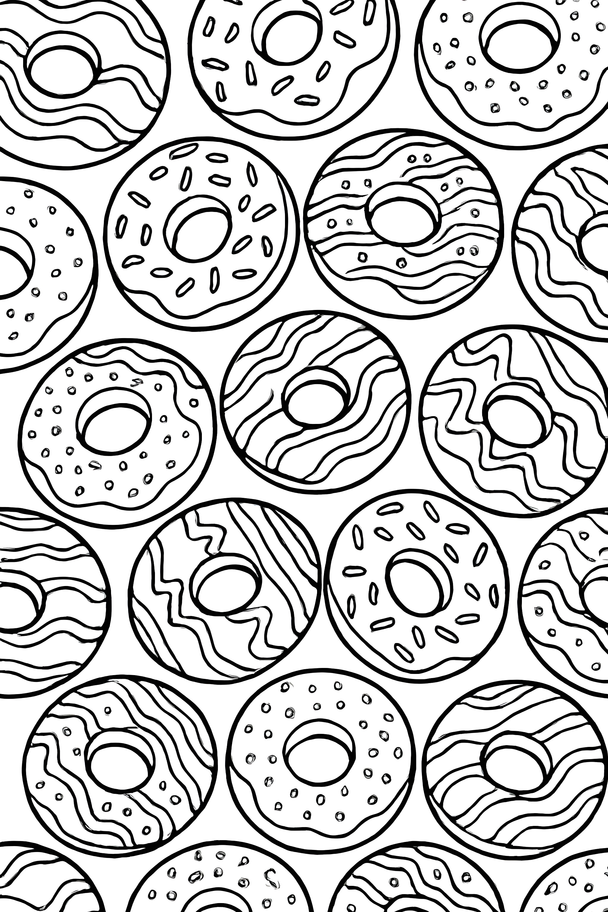 Coloring page featuring a repeating pattern of donuts with different icing designs and toppings