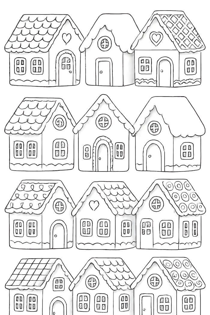 Coloring page featuring miniature gingerbread houses with diverse roof styles and decorative details