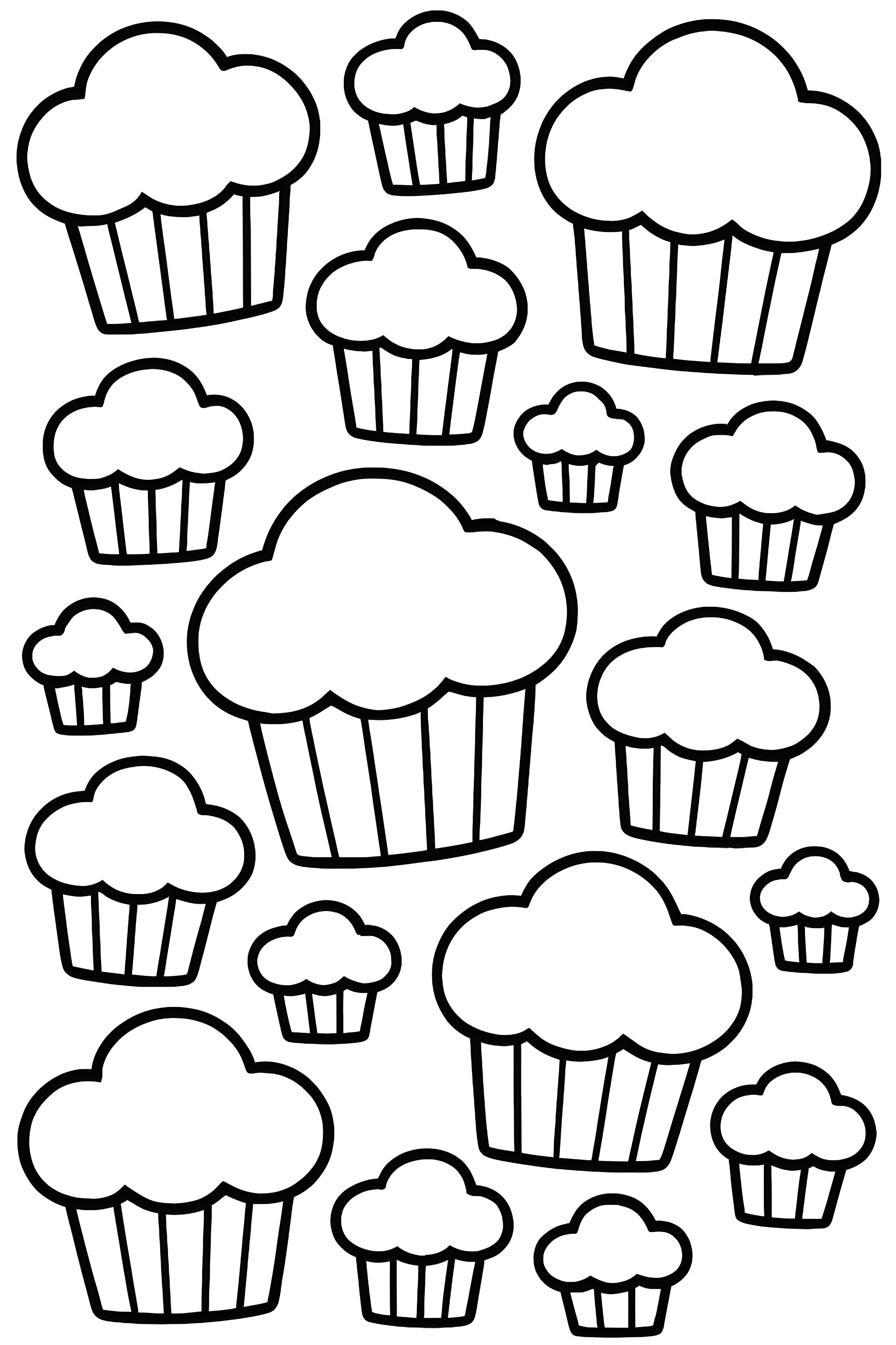 Coloring page featuring muffins in various sizes arranged in a repeating pattern with distinct outlines