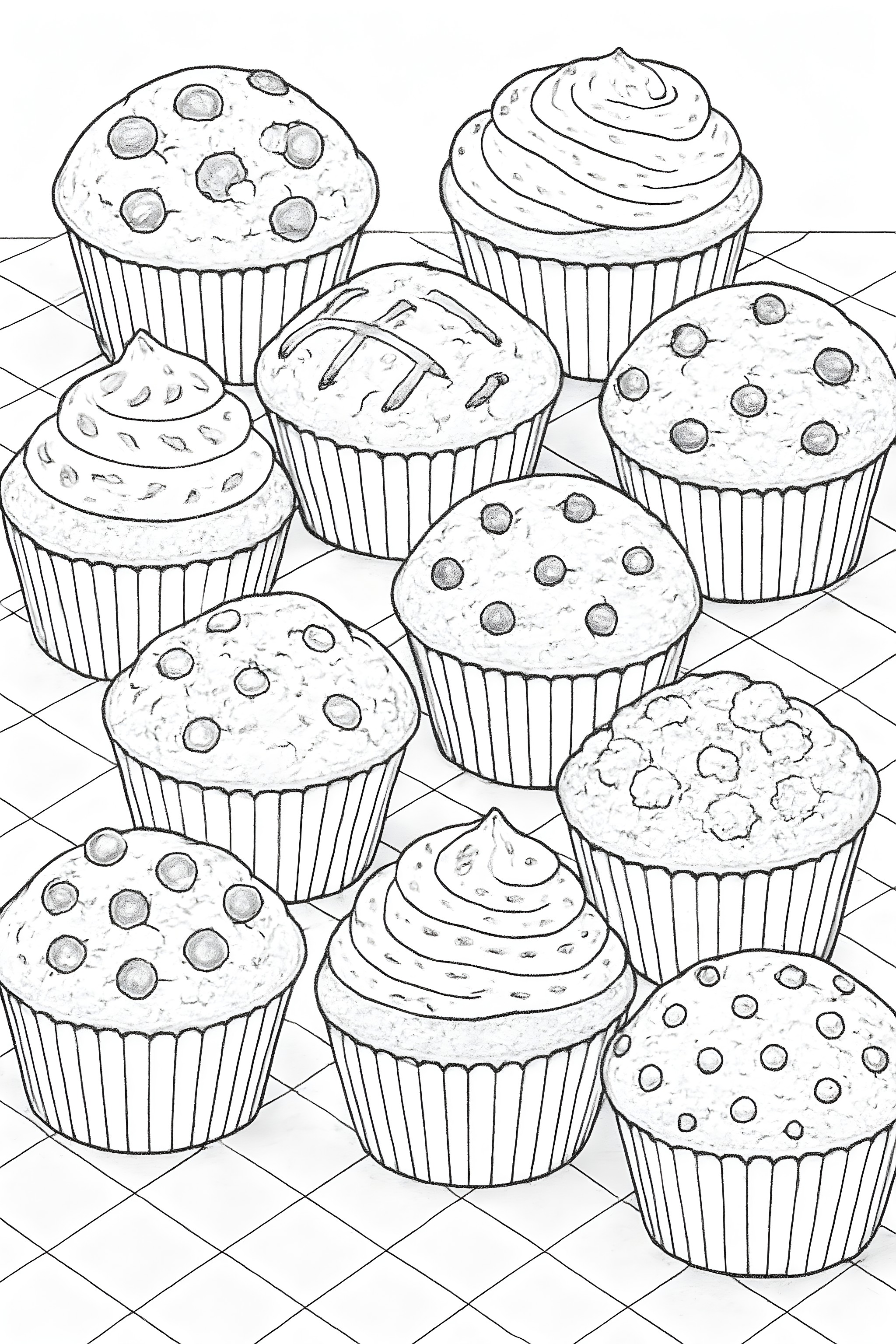 Coloring page featuring a collection of twelve muffins with different designs on a checkered tablecloth.