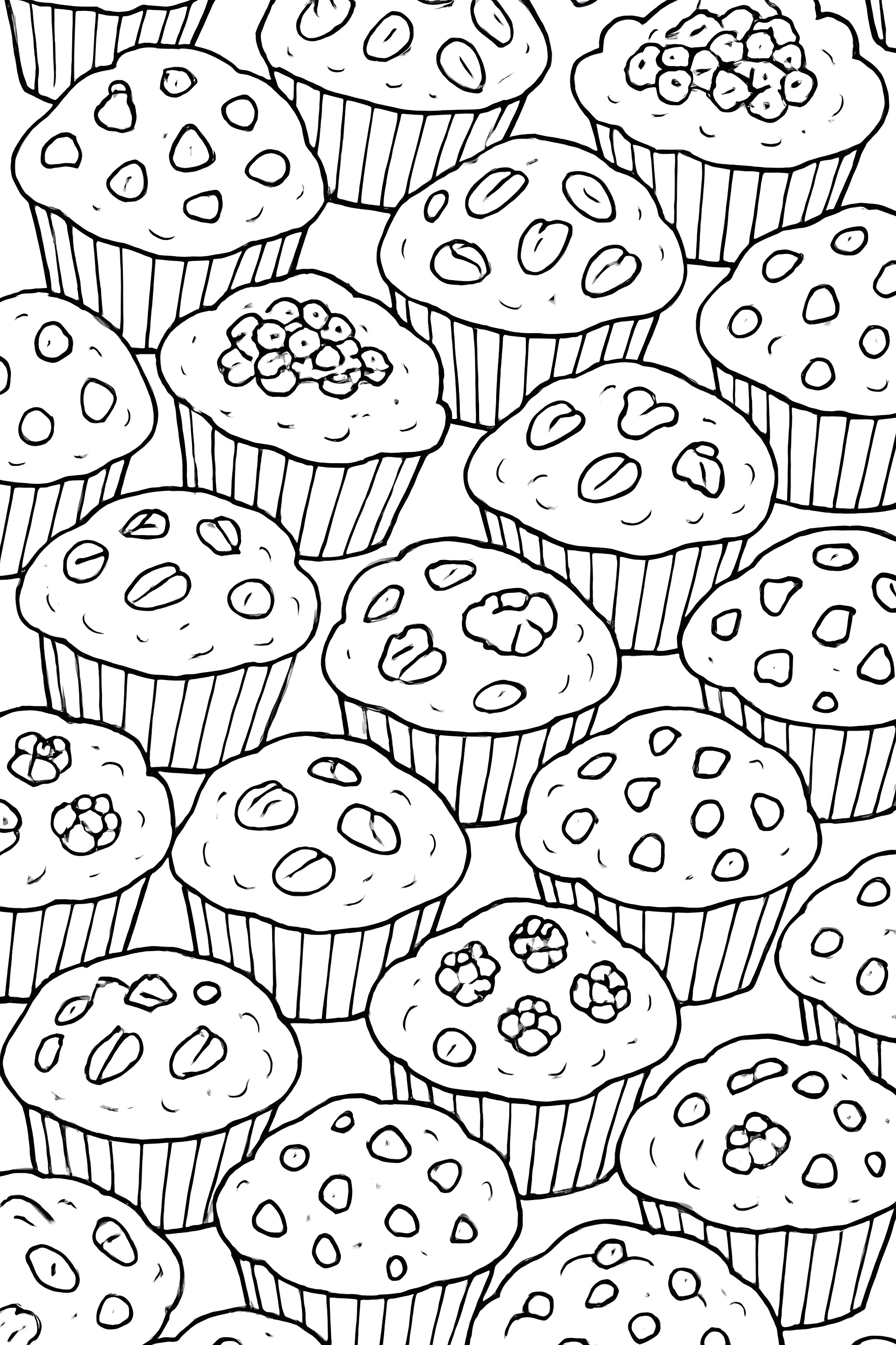 Coloring page featuring a collection of muffins topped with chocolate chips, nuts, and berries in a repetitive pattern.