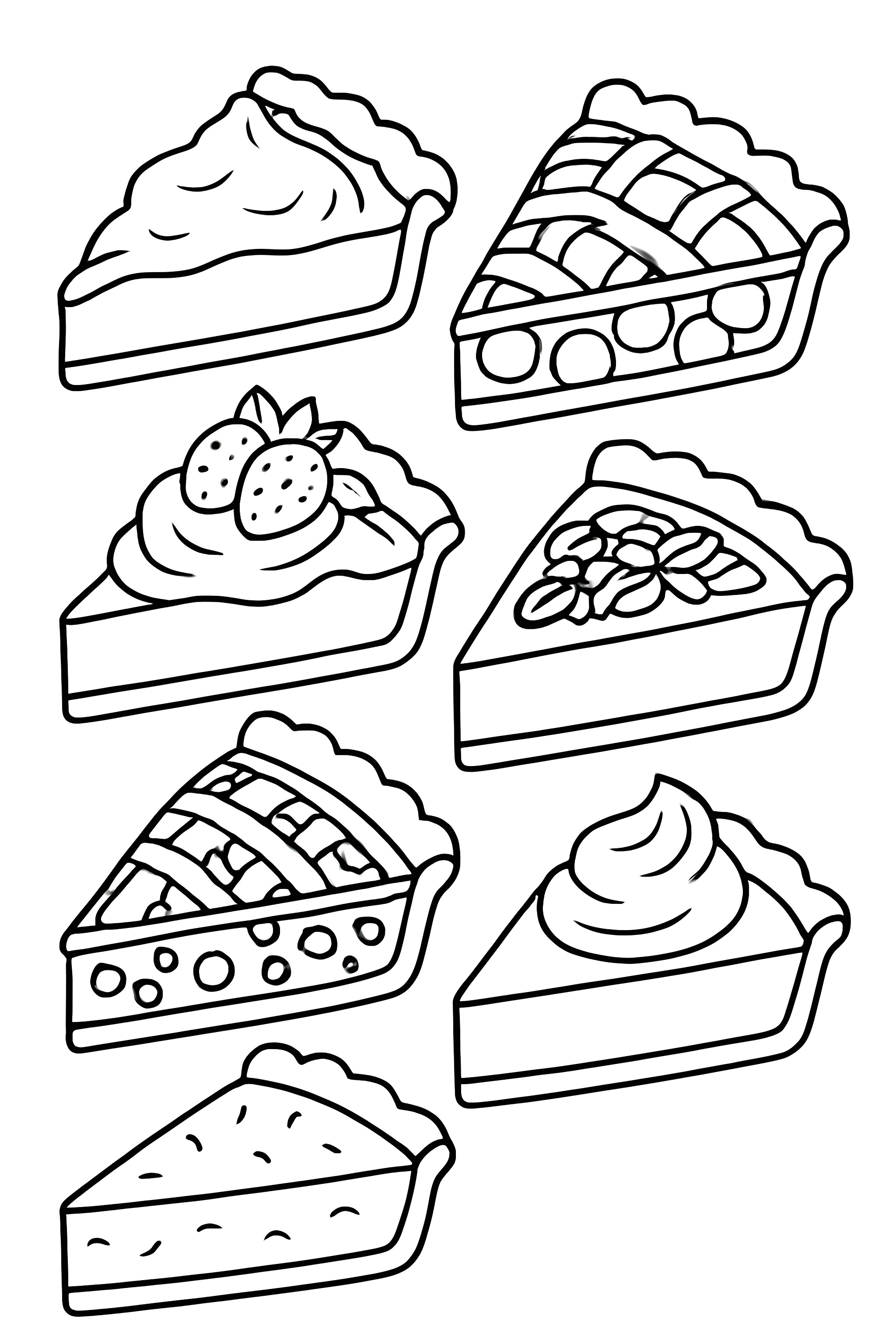 Coloring page depicting a variety of pie slices, each featuring different toppings such as fruit, nuts, and whipped cream