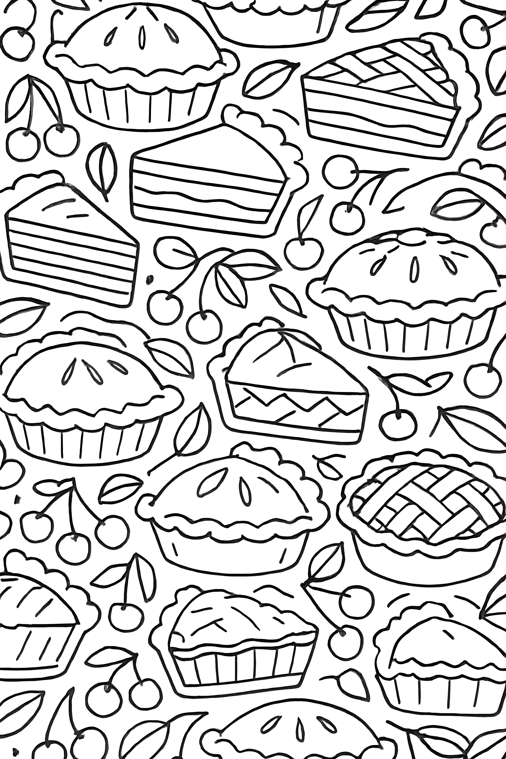 Coloring page featuring various pie designs, including whole pies, pie slices, and cherries