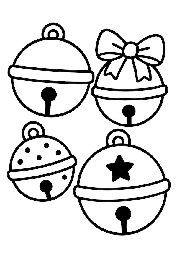 Coloring page featuring four different jingle bells, each with unique designs including a bow, polka dots, and a star