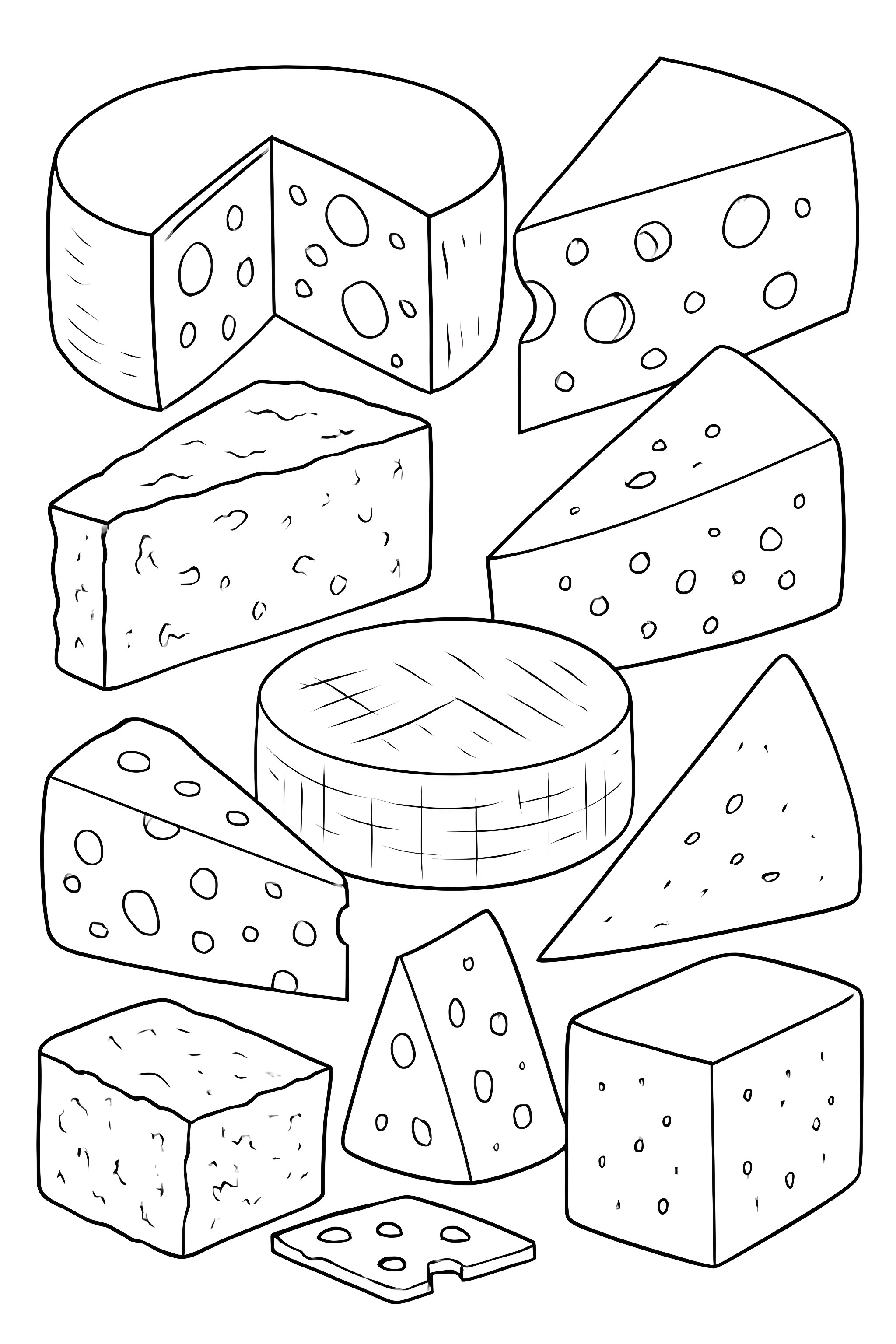 Coloring page featuring multiple cheese blocks and wheels with varying textures, including cubes, wedges, and circles