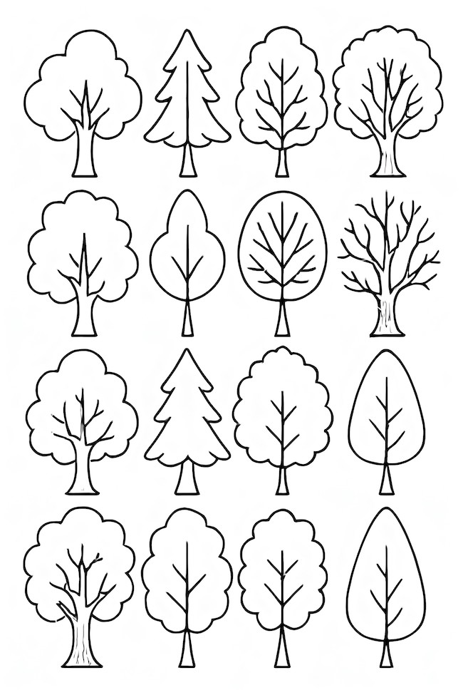 Coloring page featuring a grid of different tree silhouettes including round, conical, and bare trees