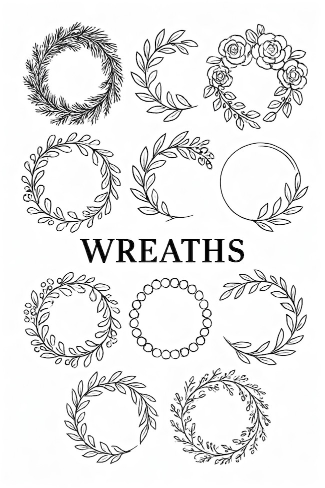 Coloring page of various wreath designs including floral, leafy, and circular patterns