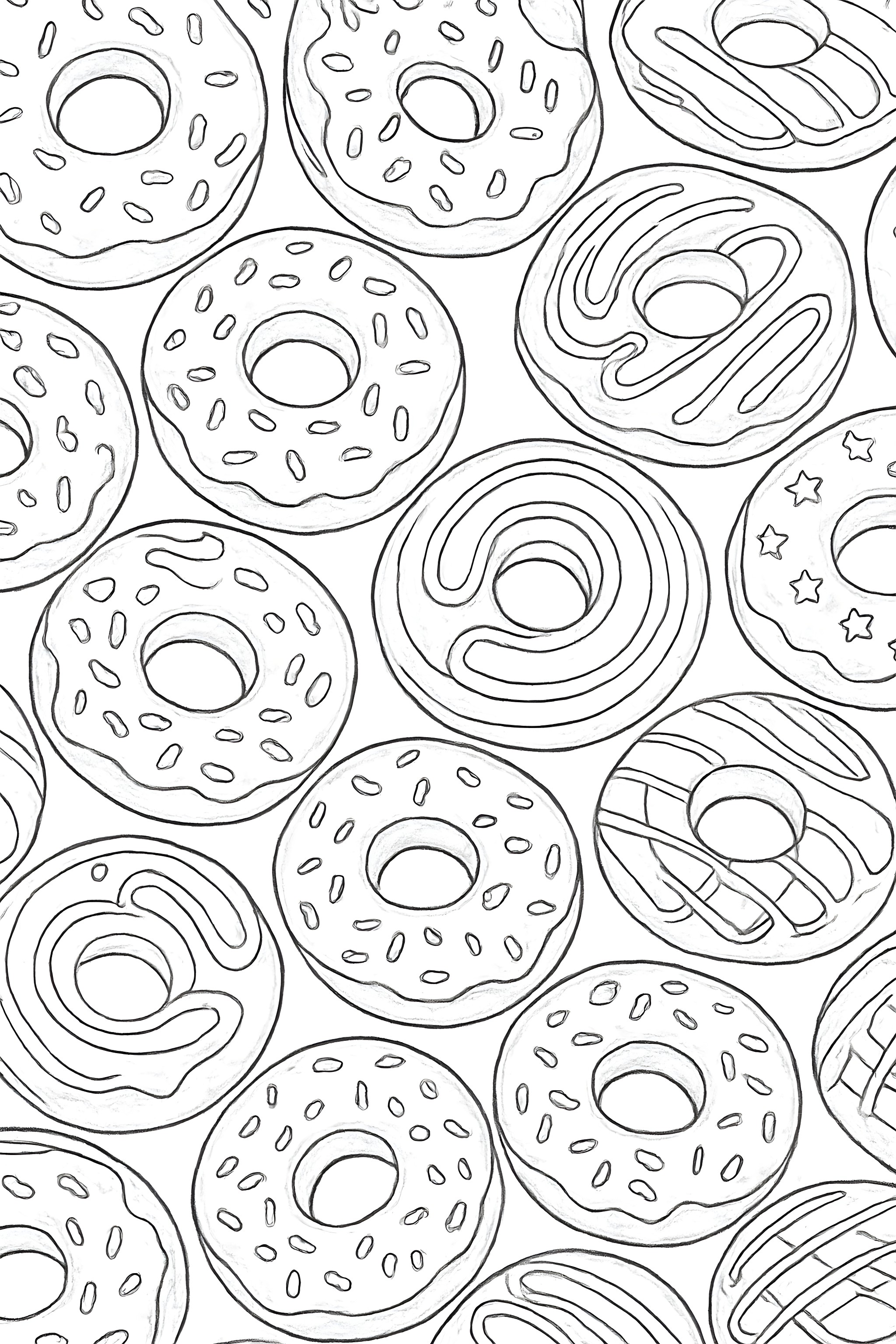 Coloring page featuring a variety of donuts with different icing and sprinkles in a repeated pattern