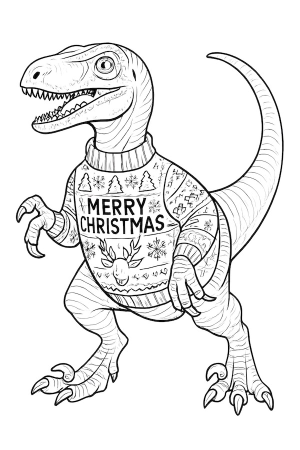 Coloring page of a Velociraptor in a festive Christmas sweater with the text 'MERRY CHRISTMAS' and holiday decorations