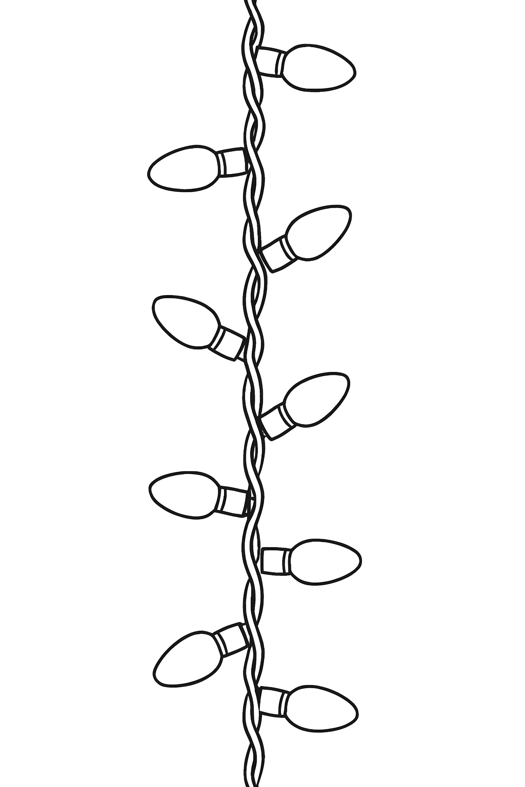 Coloring page of a vertical string of Christmas lights with multiple bulbs hanging from a twisted wire