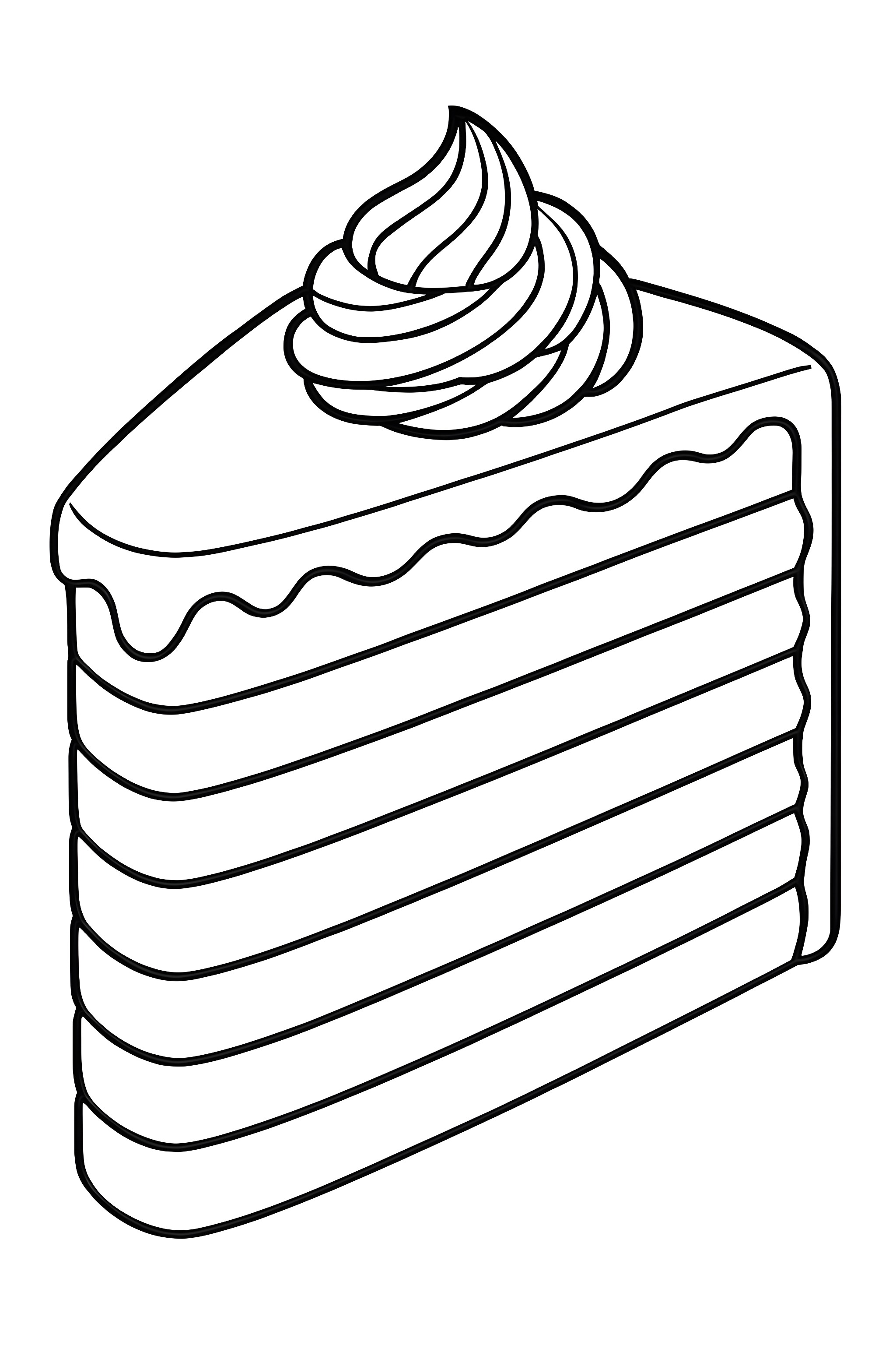 Coloring page of a slice of rainbow cake showing layers of different colors and topped with swirled frosting