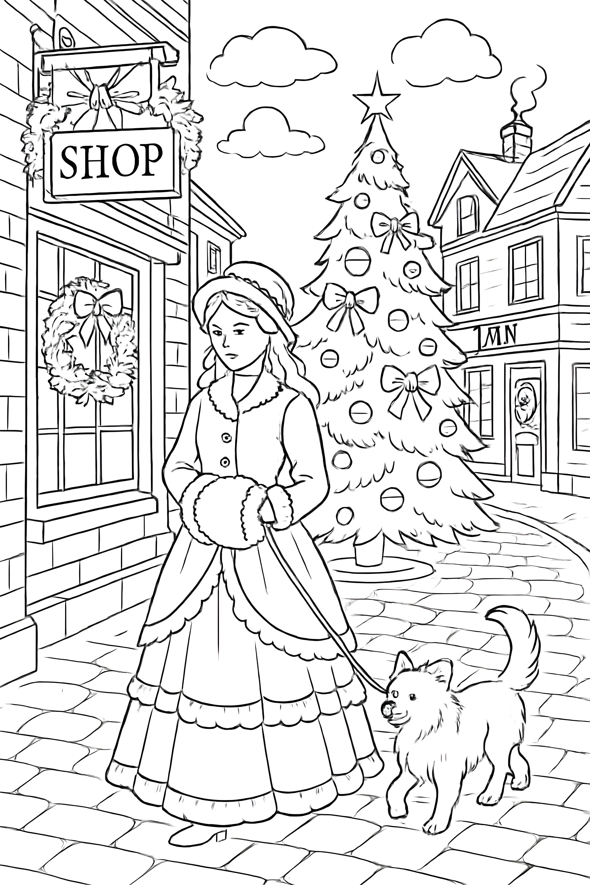 Coloring page of a Victorian street during Christmas featuring a woman in period attire walking beside a fluffy dog and a decorated Christmas tree