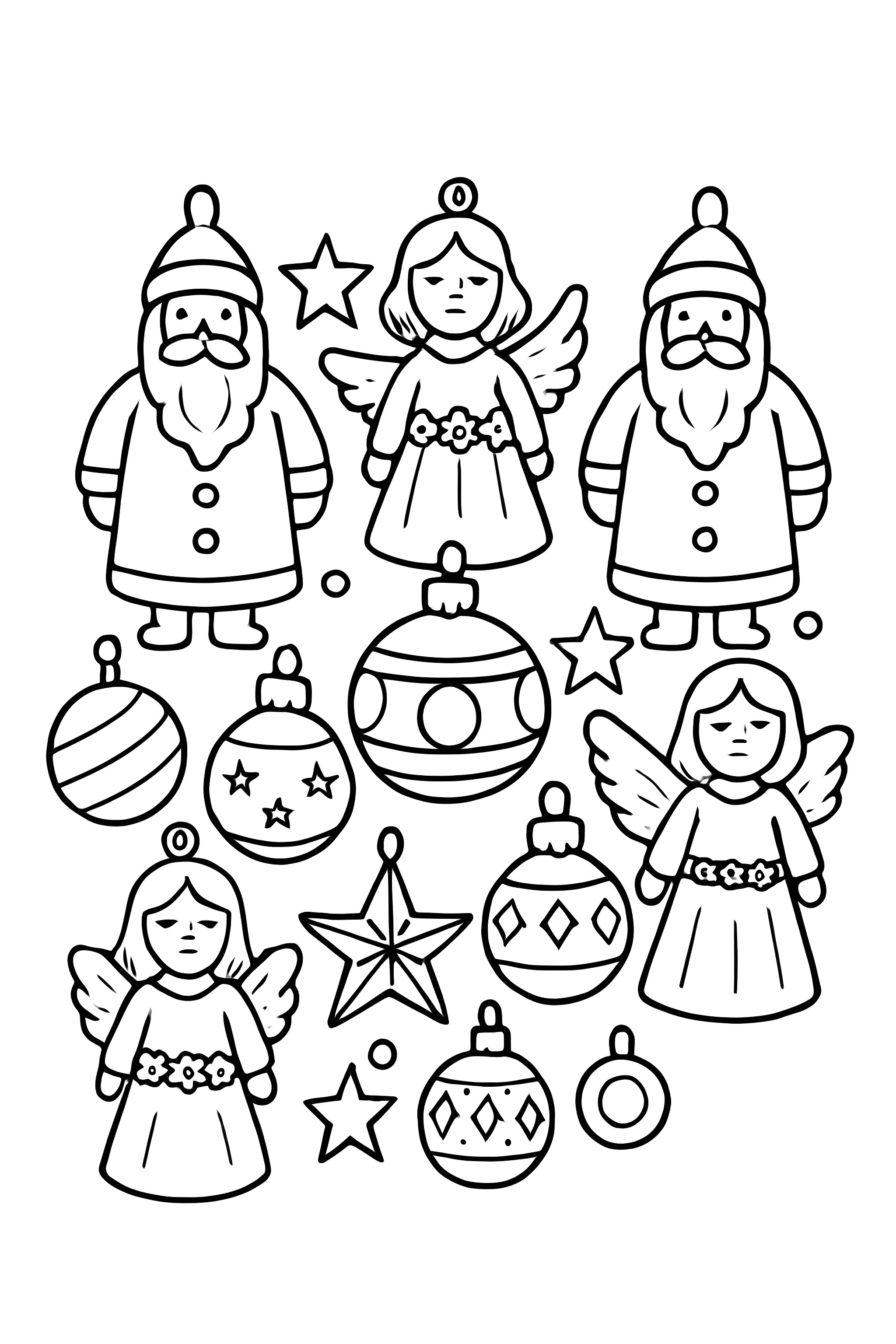 Coloring page featuring Santas, angels, and ornament designs arranged in a circular display