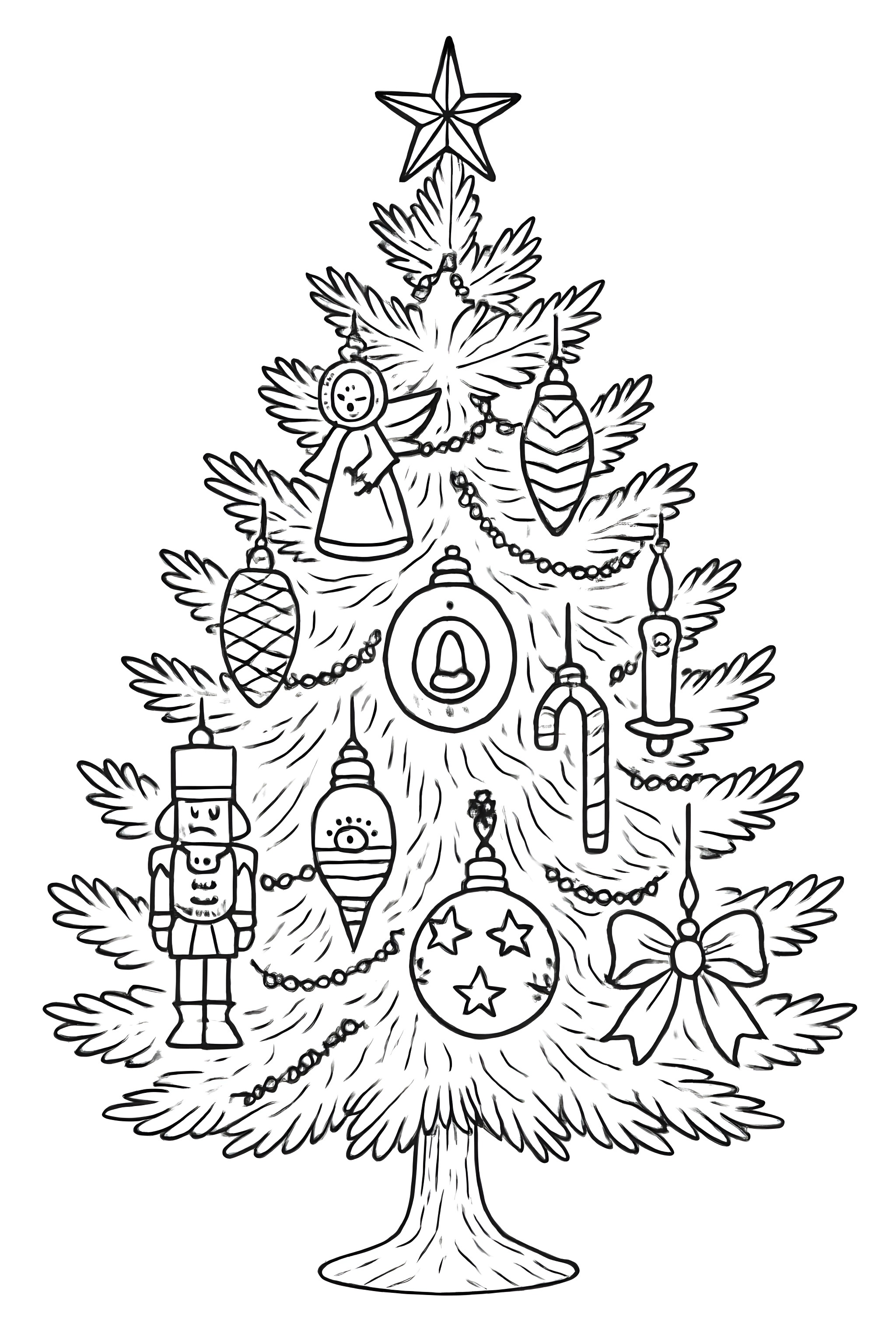 A vintage Christmas tree decorated with traditional ornaments like a nutcracker, angel, and candy canes