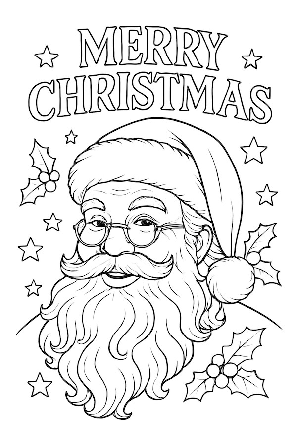 Vintage Santa Claus wearing spectacles, with a fluffy beard, a Santa hat, and holly leaves, accompanied by 'Merry Christmas' text and stars in the background