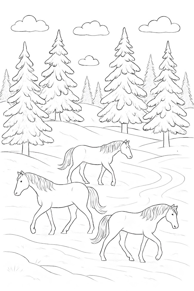 Coloring page featuring three horses wandering through a serene winter landscape with snow-covered fir trees and clouds in the background
