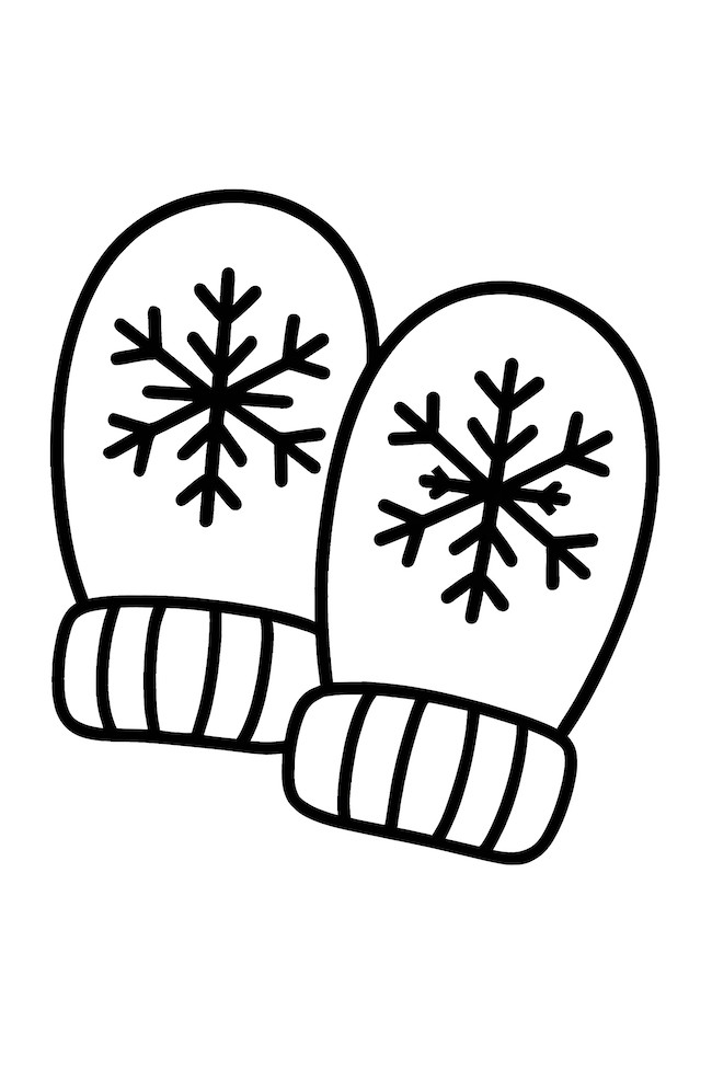 Coloring page of a pair of warm woolen mittens featuring intricate snowflake patterns and ribbed cuffs