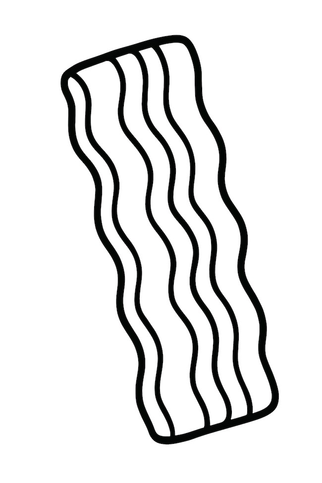 Coloring page of a flat, wavy bacon strip with distinct curves and lines