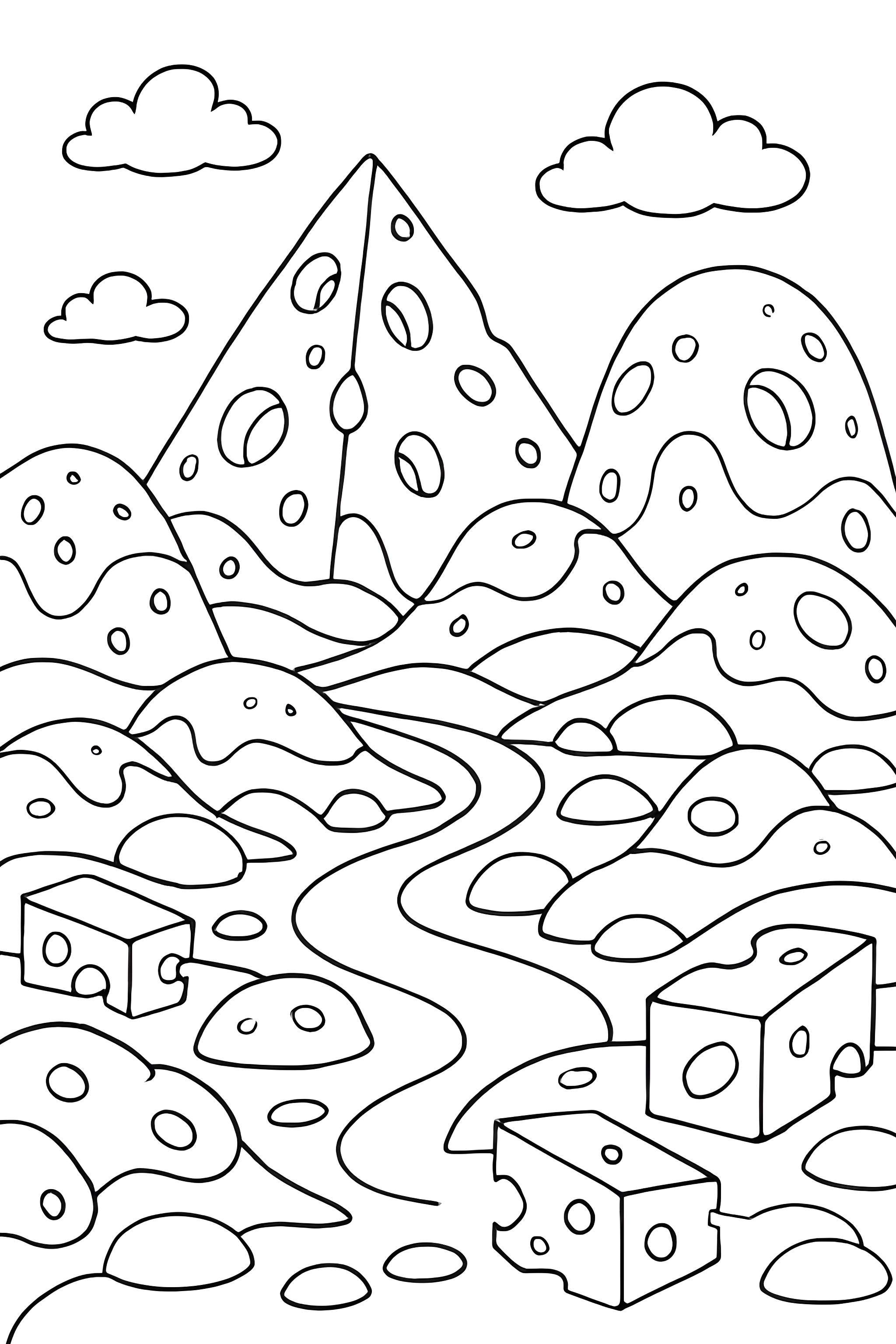 A whimsical landscape featuring giant cheese hills, a winding path, and scattered cheese blocks beneath a cloudy sky.
