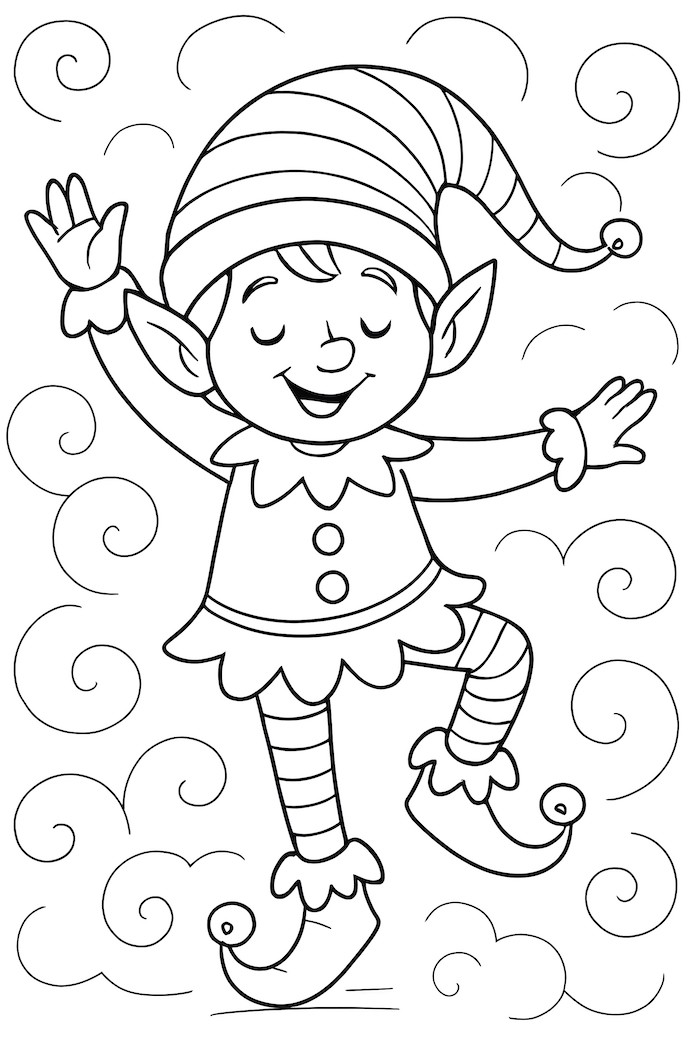 Coloring page of a whimsical elf balancing on one foot with a cheerful expression and curly clouds in the background