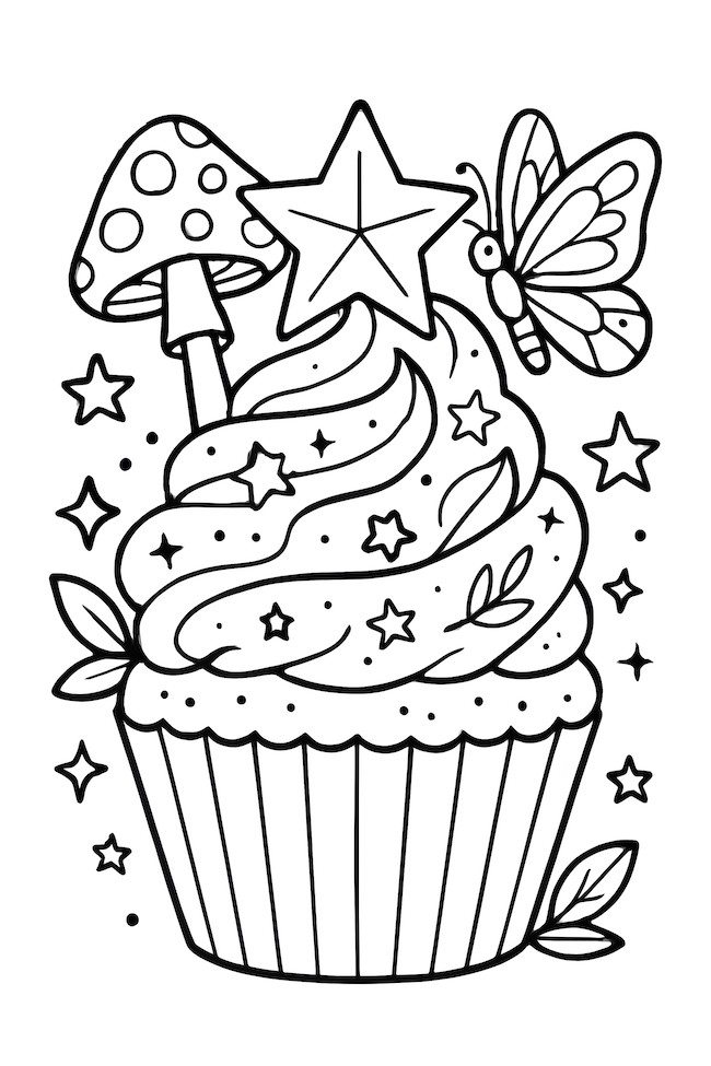 Coloring page of a whimsical cupcake topped with swirls, a star, a mushroom, and a butterfly surrounded by stars and leaves