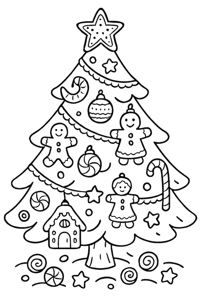 Coloring page of a whimsical gingerbread-themed Christmas tree adorned with edible ornaments, gingerbread figures, and candy decorations.