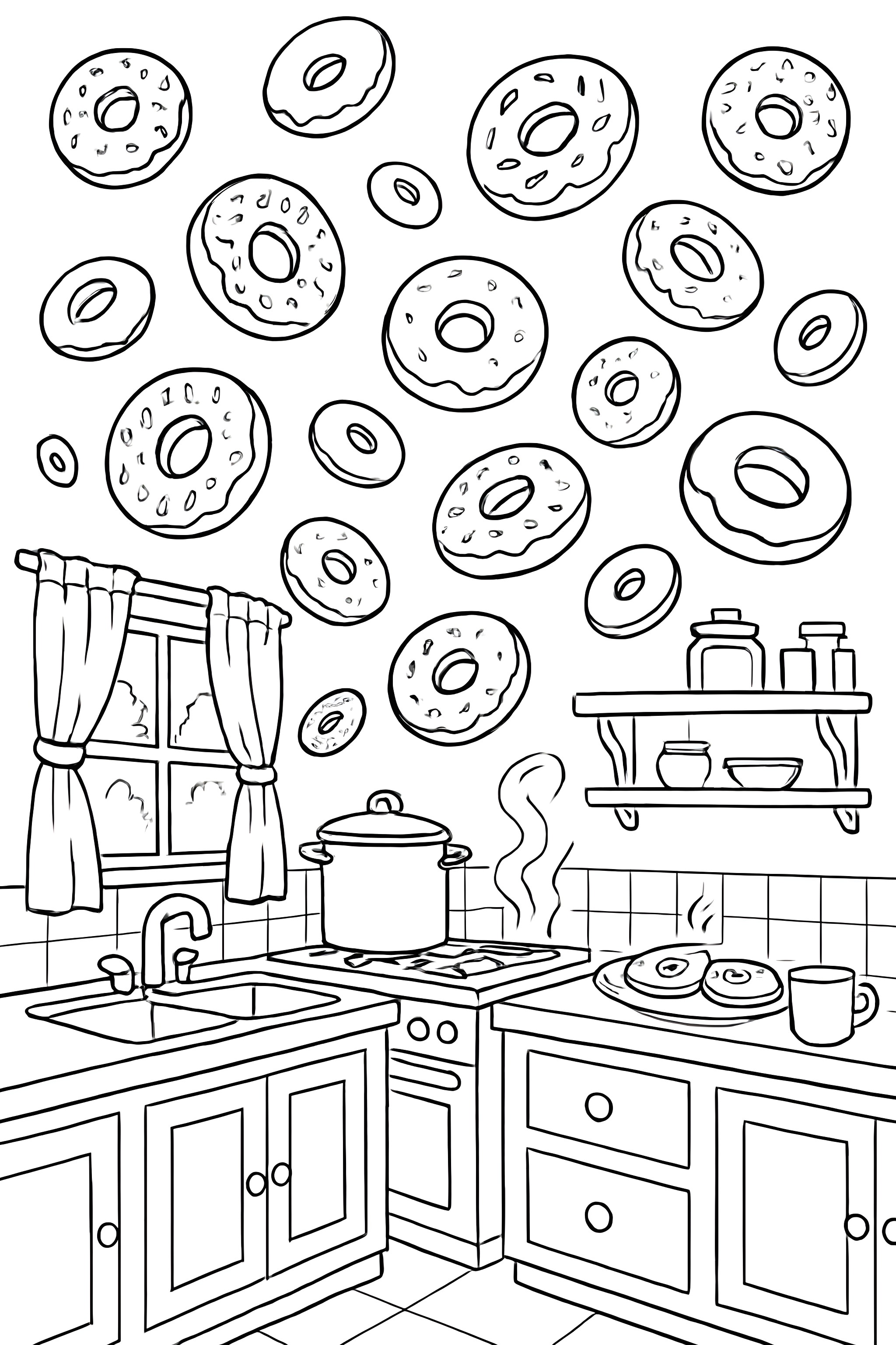 Coloring page featuring a whimsical kitchen with donuts floating in the air above a stove, including a pot, plates, and a window with curtains.