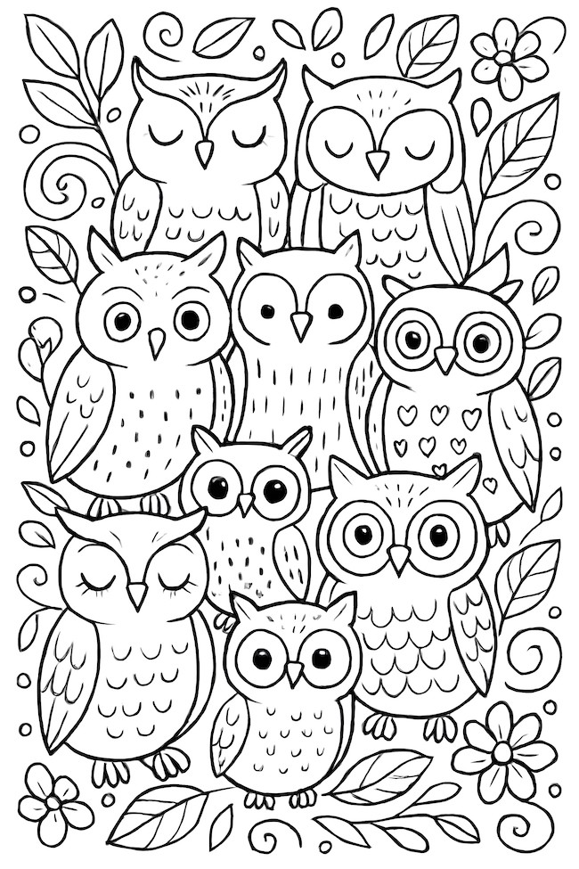 Coloring page featuring an array of whimsical owls with various expressions and surrounded by leaves and flowers