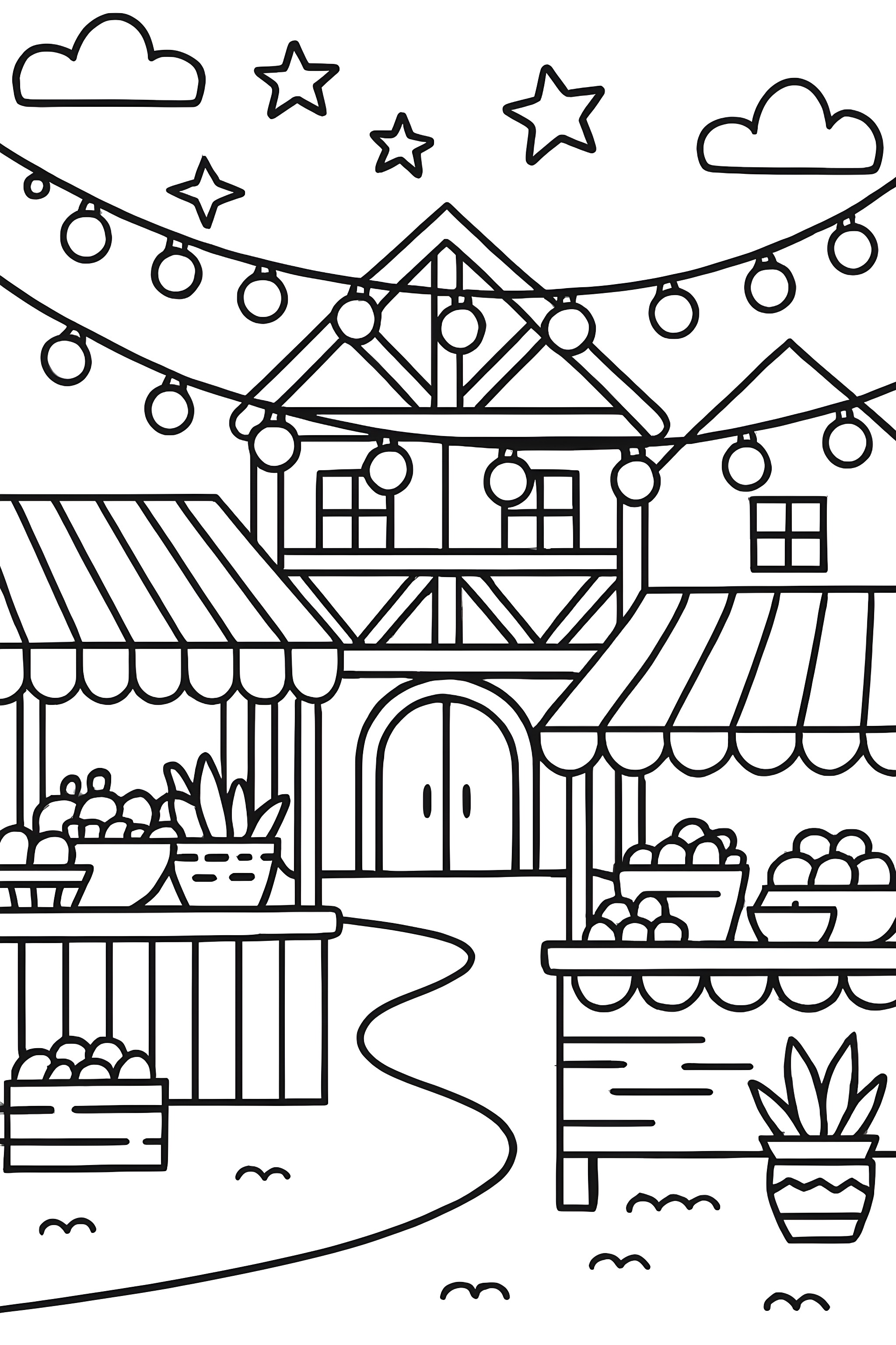 Illustration of a whimsical street market adorned with festive lights, shops, and decorative plants