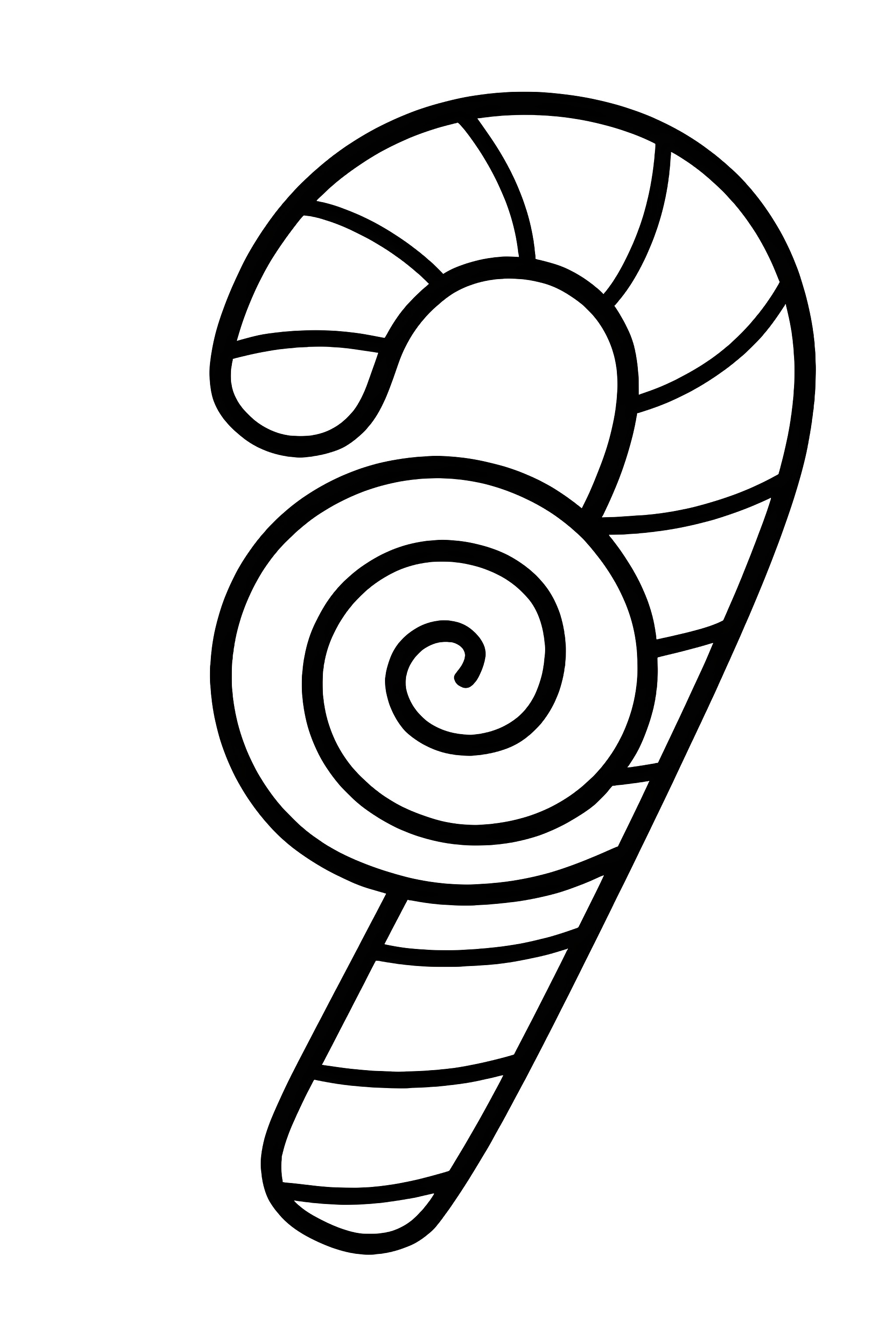 A candy cane featuring a whimsical swirl pattern in the middle