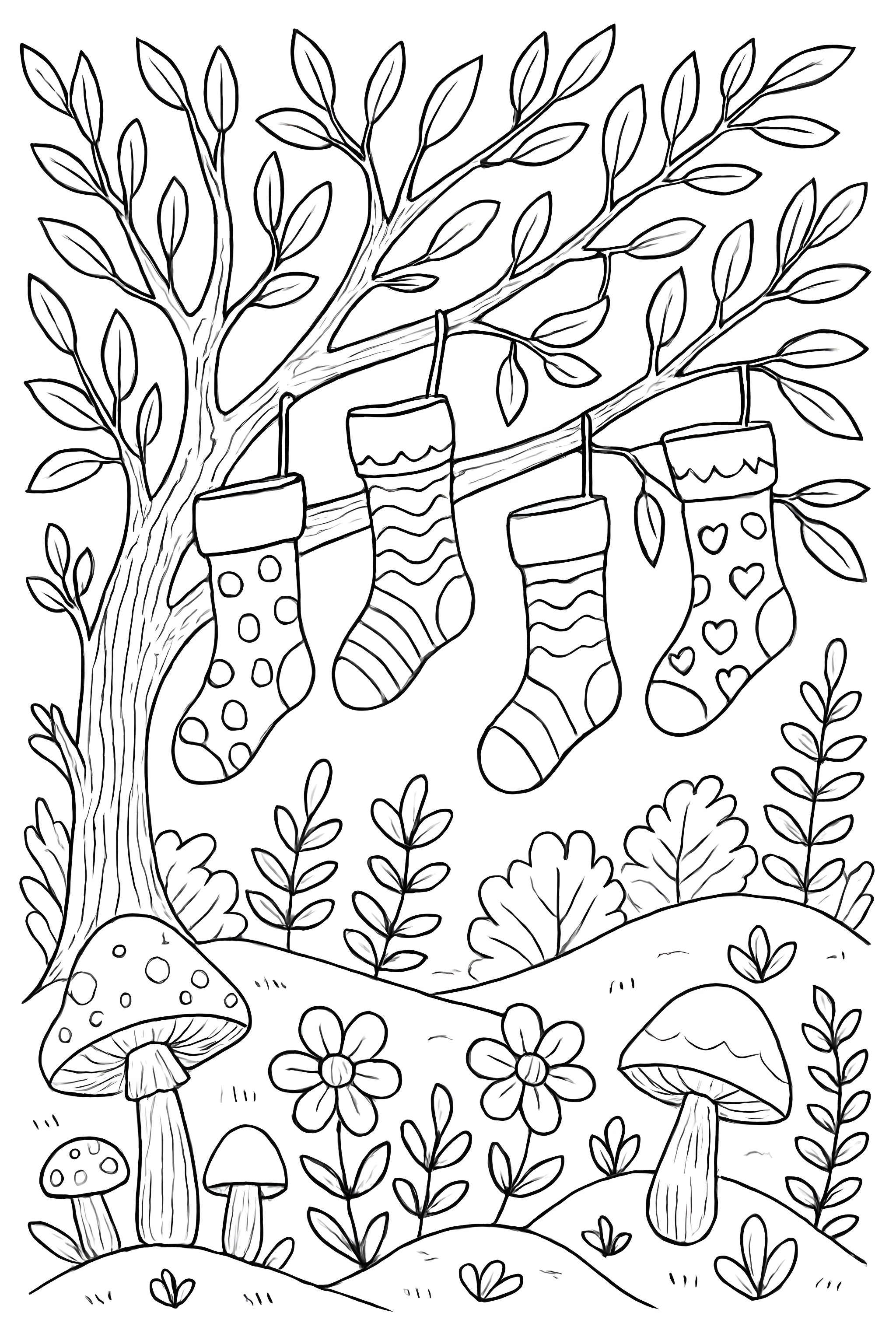 A whimsical woodland scene with colorful stockings hung on tree branches, surrounded by mushrooms and flowers.