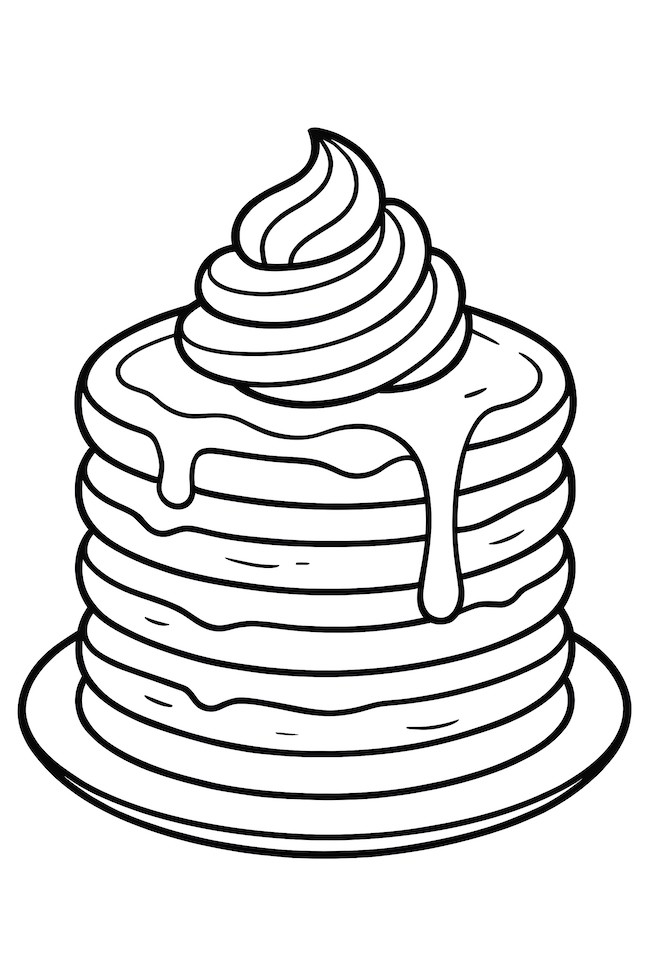 Coloring page of a stack of pancakes with a decorative swirl of whipped cream on top and syrup dripping down the sides