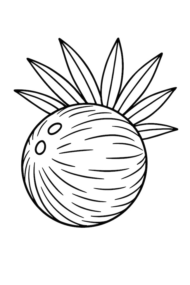 Coloring page of a whole coconut topped with palm leaves and distinctive markings