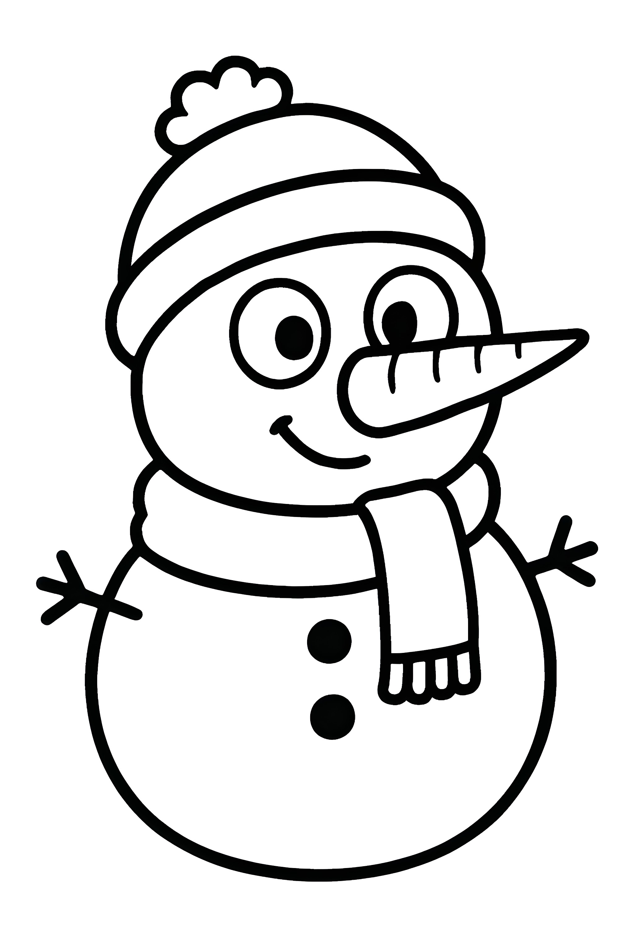 Snowman with a carrot nose, large eyes, a scarf, and a beanie hat