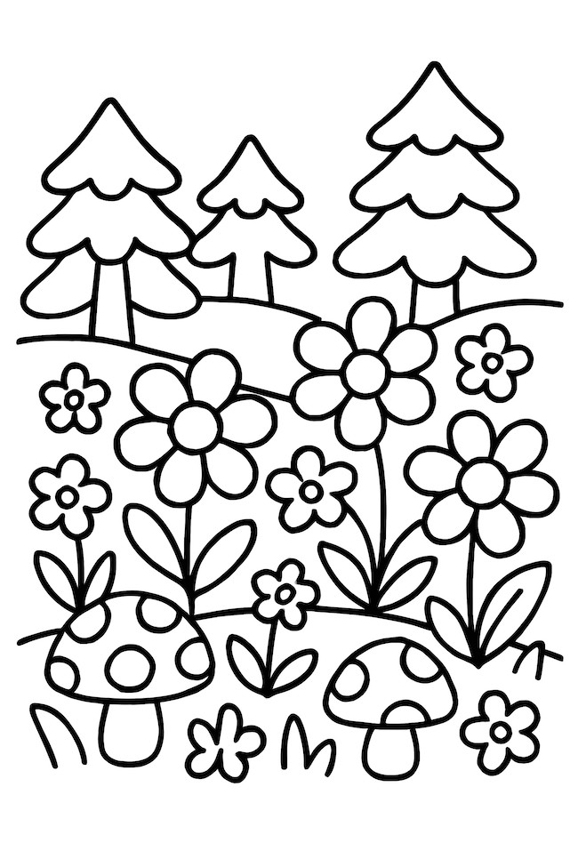 Forest floor scene with various wildflowers and mushrooms, alongside tall trees in the background