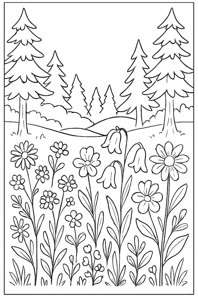 Coloring page of wildflowers growing in a sunlit forest meadow with tall pine trees in the background